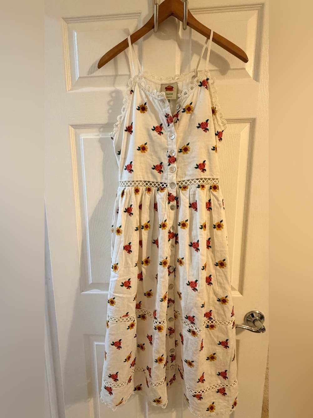 Farm Rio Mixed Cross Stitch Embroidered Flowers Midi Dress.
